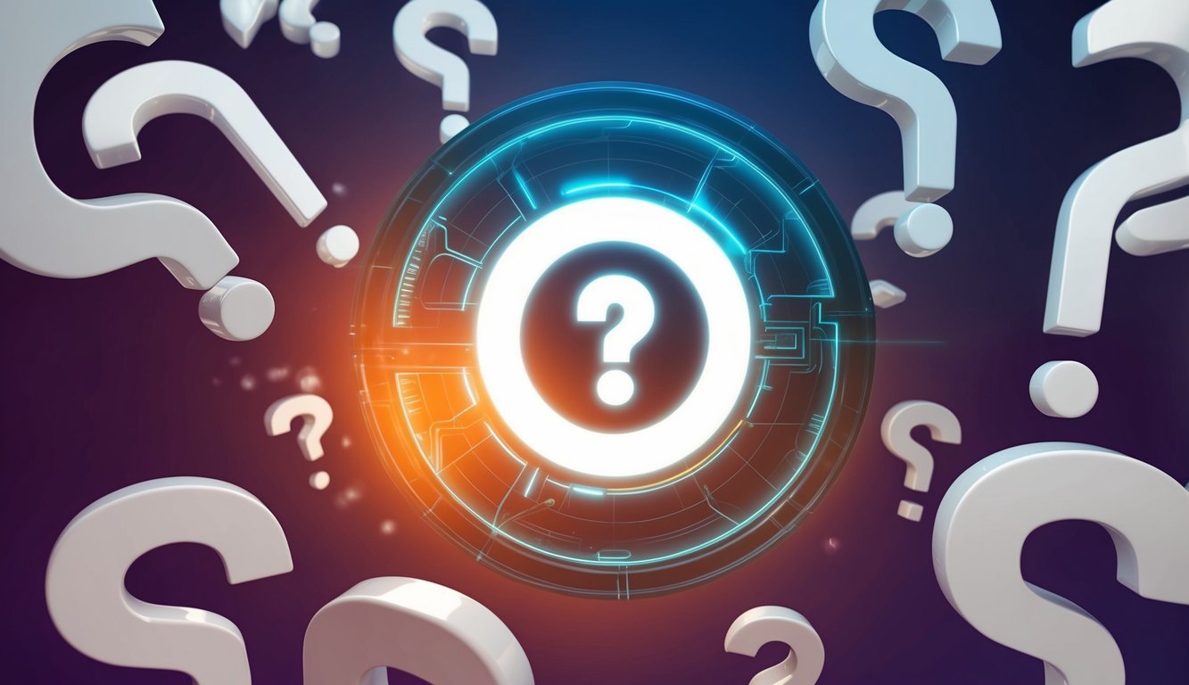 A glowing, futuristic token symbol surrounded by question marks