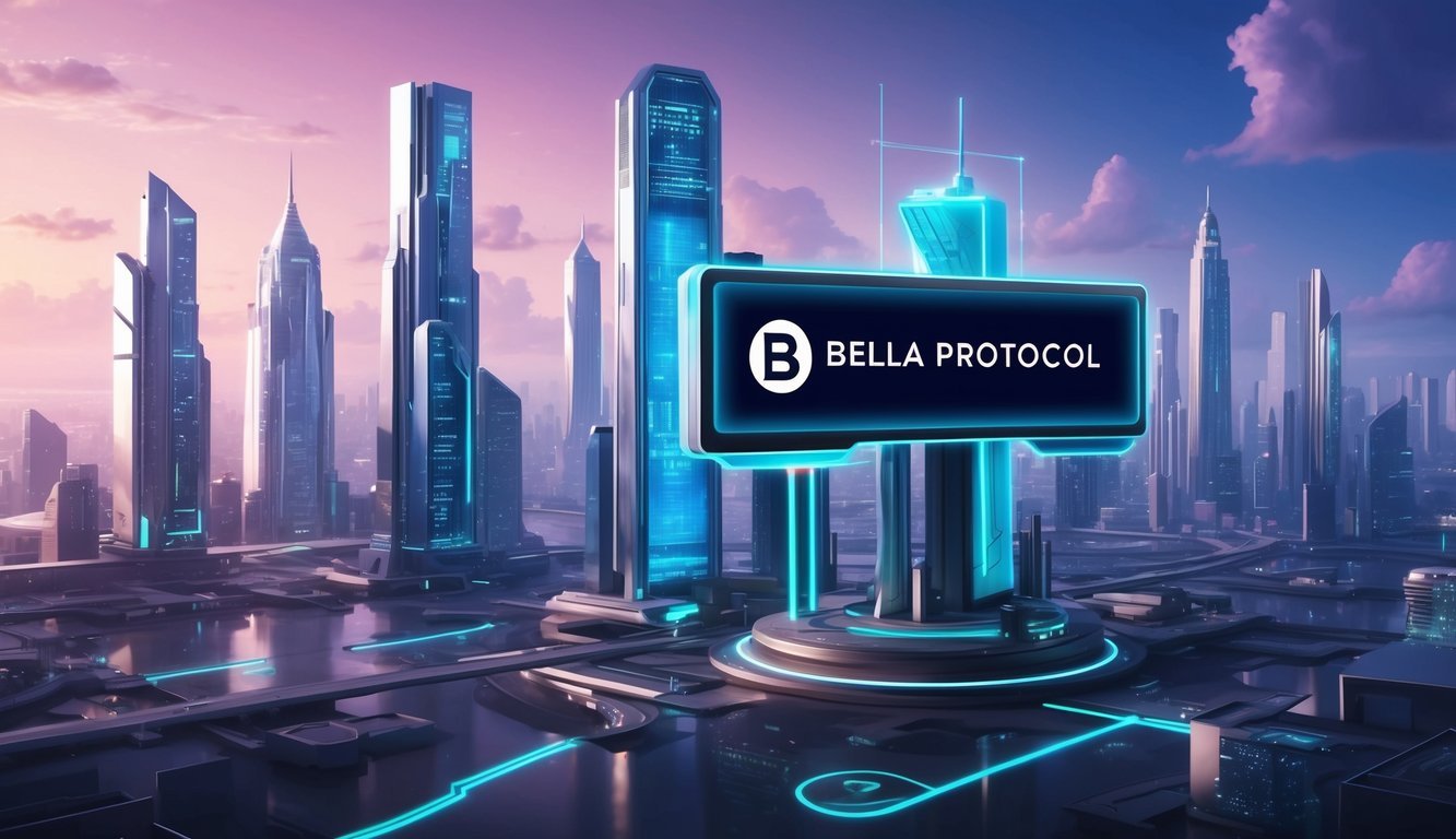 A futuristic city skyline with Bella Protocol logo displayed prominently on a digital billboard