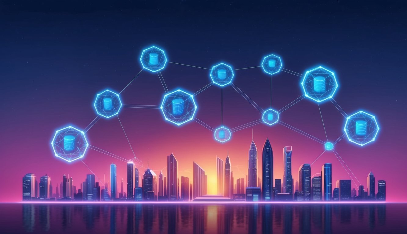 A glowing, futuristic cityscape with interconnected blockchain nodes hovering above, symbolizing the decentralized nature of Lisk (LSK)