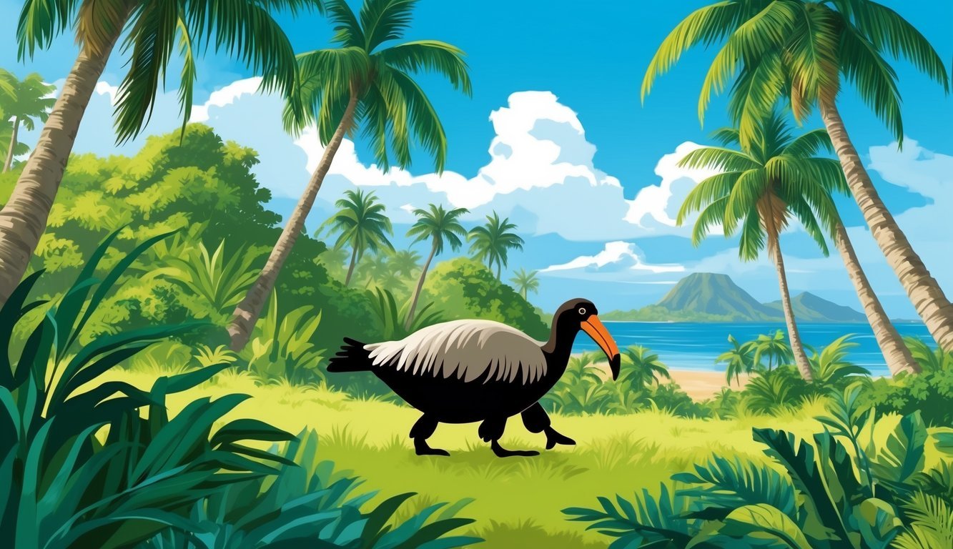 A lush, tropical island with vibrant flora and fauna.</p><p>A Dodo bird waddles through the underbrush, its distinctive silhouette visible against the backdrop of towering palm trees and clear blue skies