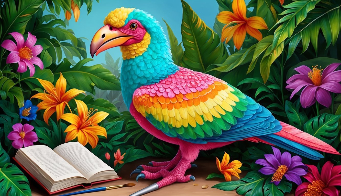 A colorful dodo bird surrounded by vibrant flowers and lush foliage, with a book and paintbrush nearby