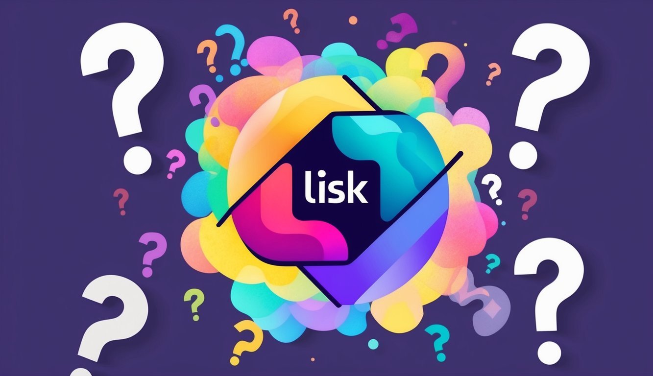 A colorful, abstract representation of the Lisk (LSK) logo surrounded by question marks and a sense of curiosity and discovery