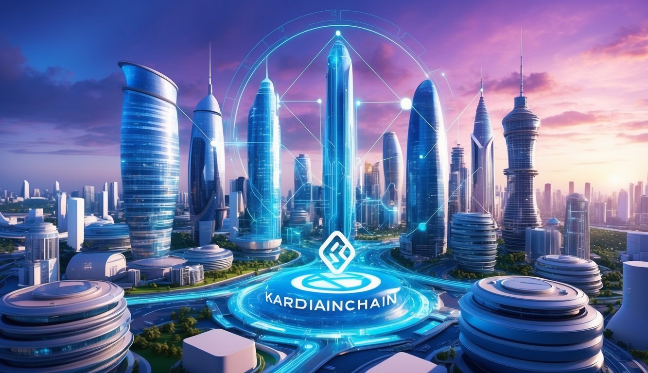 A vibrant cityscape with futuristic buildings and advanced technology, showcasing the integration of blockchain and traditional business on KardiaChain (KAI)