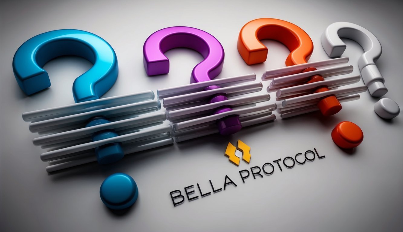 A stack of colorful question marks surrounding the Bella Protocol logo