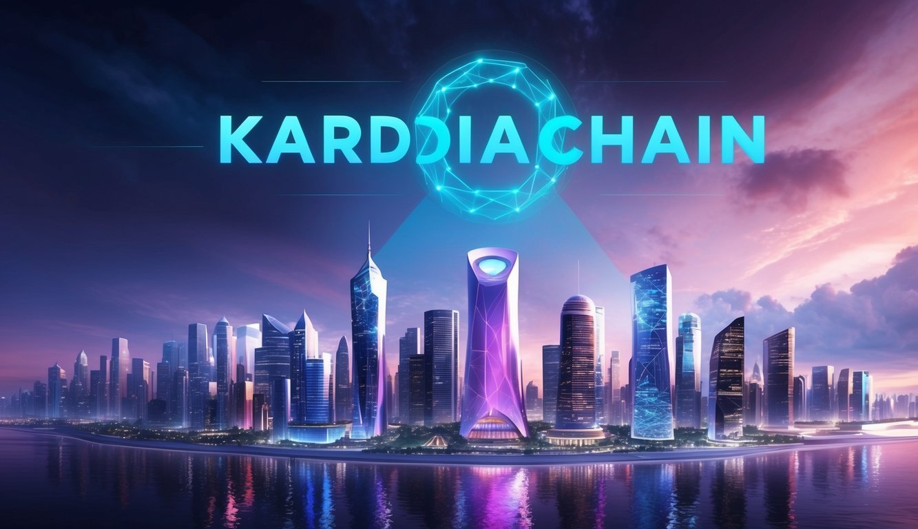 A futuristic city skyline with KardiaChain logo holographically displayed above the buildings