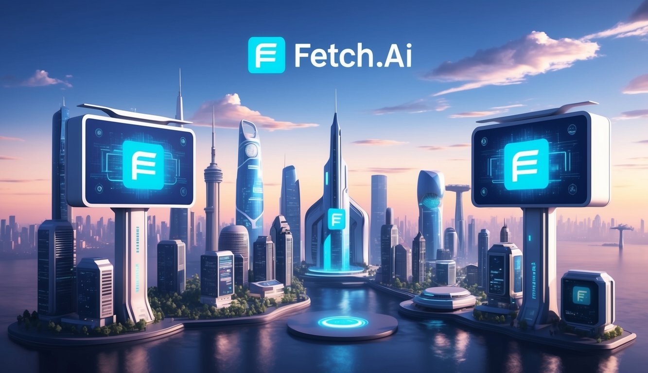 A futuristic city skyline with digital billboards displaying the Fetch.ai (FET) logo and symbols of advanced technology