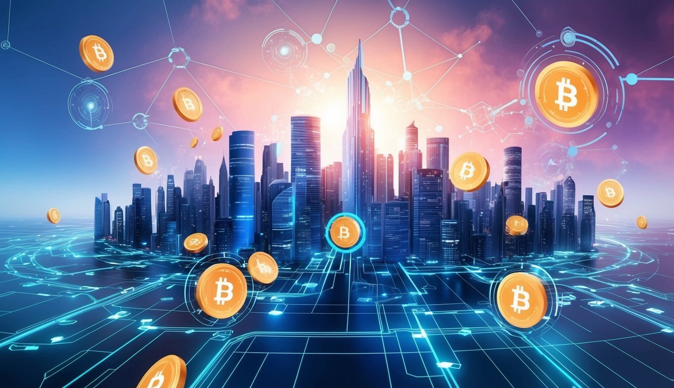 A futuristic city skyline with digital tokens floating in the air, governed by interconnected nodes and algorithms