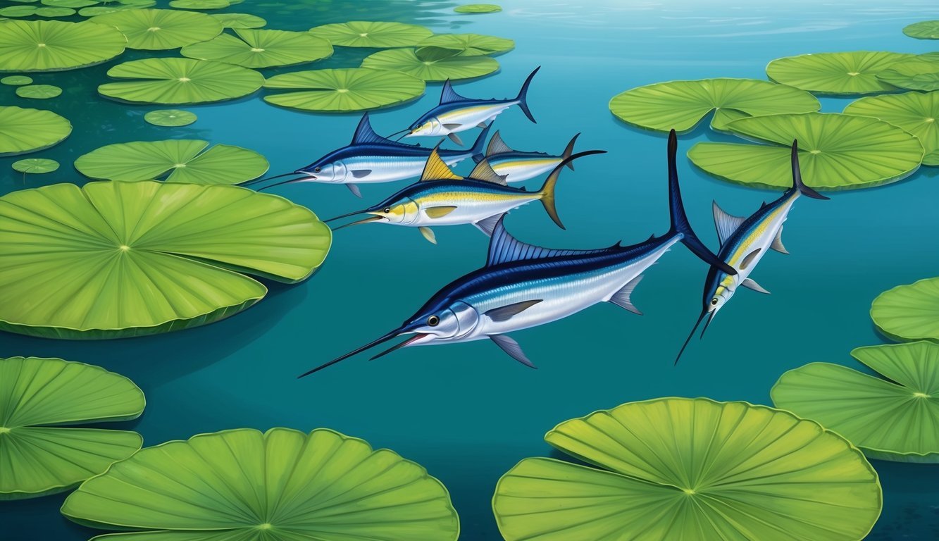 A serene pond with vibrant green lily pads floating on the surface, while a group of colorful marlin swim gracefully through the clear water