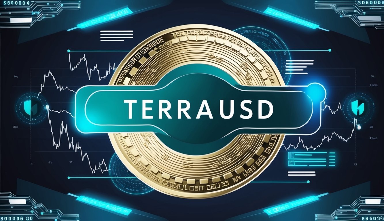 A digital representation of TerraUSD (UST) surrounded by blockchain technology and financial charts