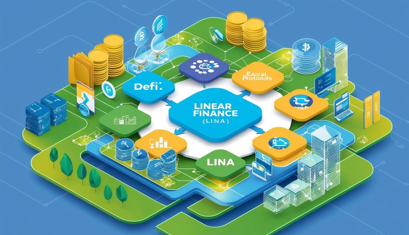 A vibrant ecosystem with interconnected elements, including blockchain, DeFi protocols, and financial services, all revolving around the Linear Finance (LINA) platform