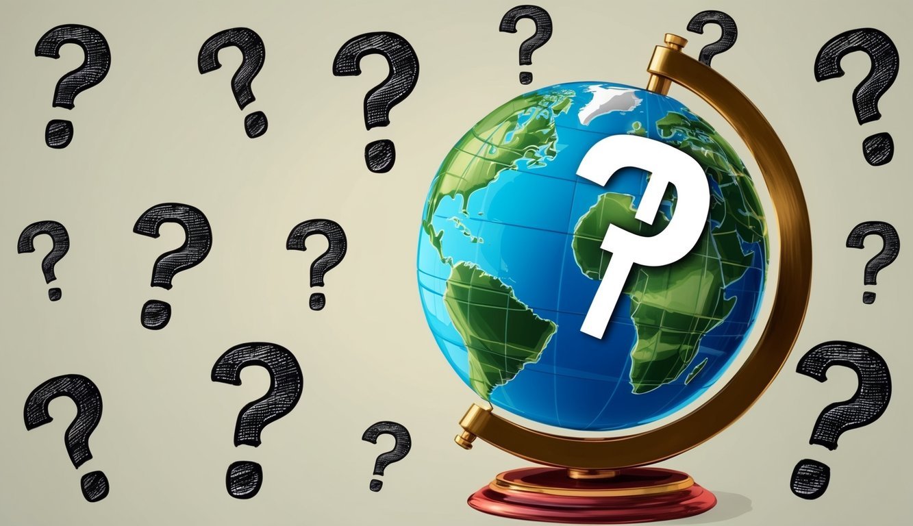 A globe with a dollar sign superimposed, surrounded by question marks