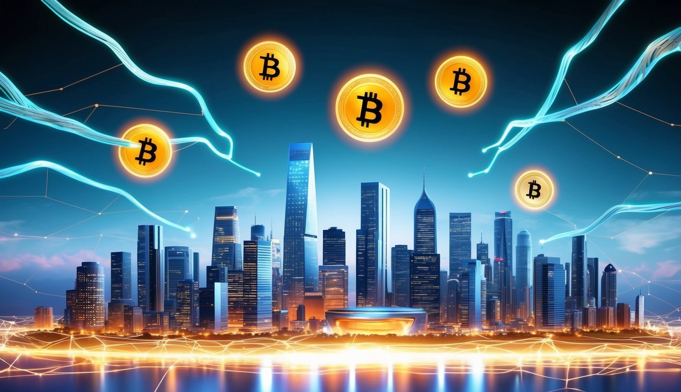 A futuristic city skyline with digital currency symbols floating above, surrounded by a network of glowing nerves