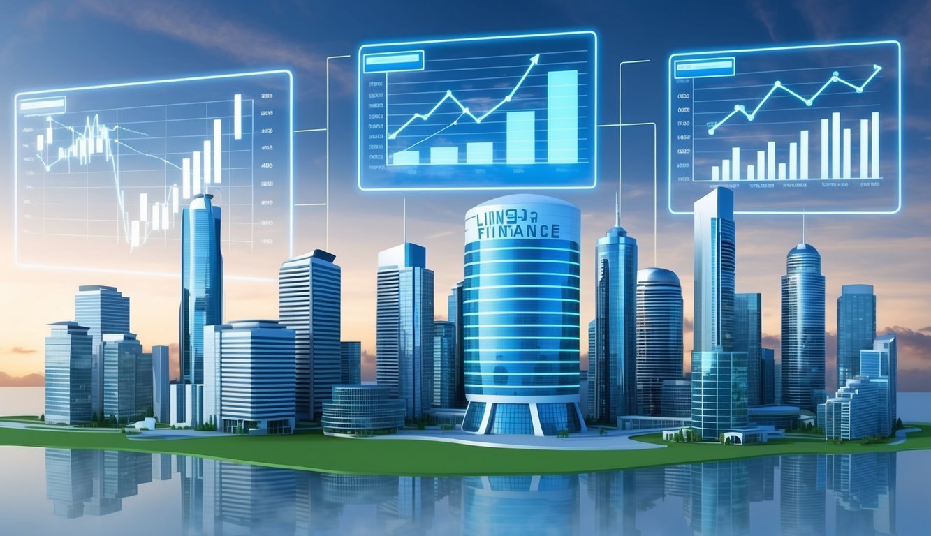 A futuristic city skyline with digital financial charts and graphs projected in the sky.</p><p>A sleek, high-tech building labeled "Linear Finance" stands out among the other structures