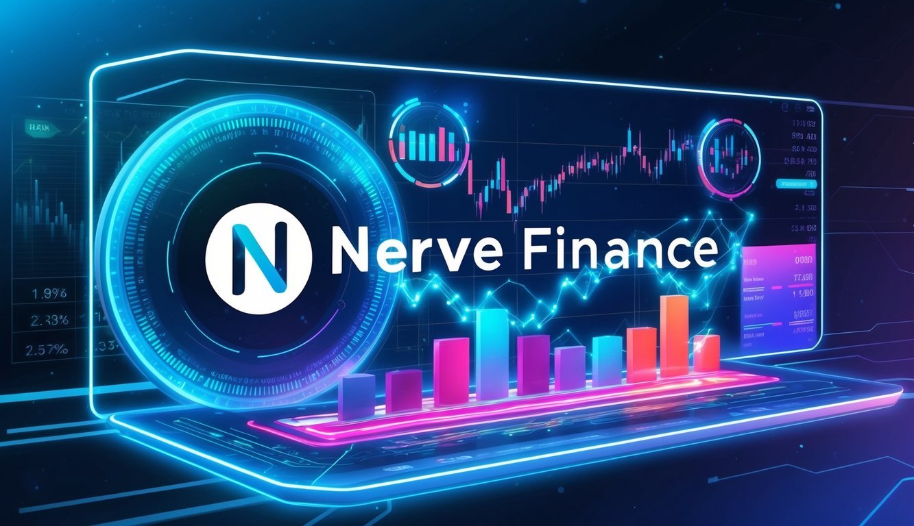 A futuristic digital interface displaying Nerve Finance (NRV) logo and charts, with data streams and financial indicators