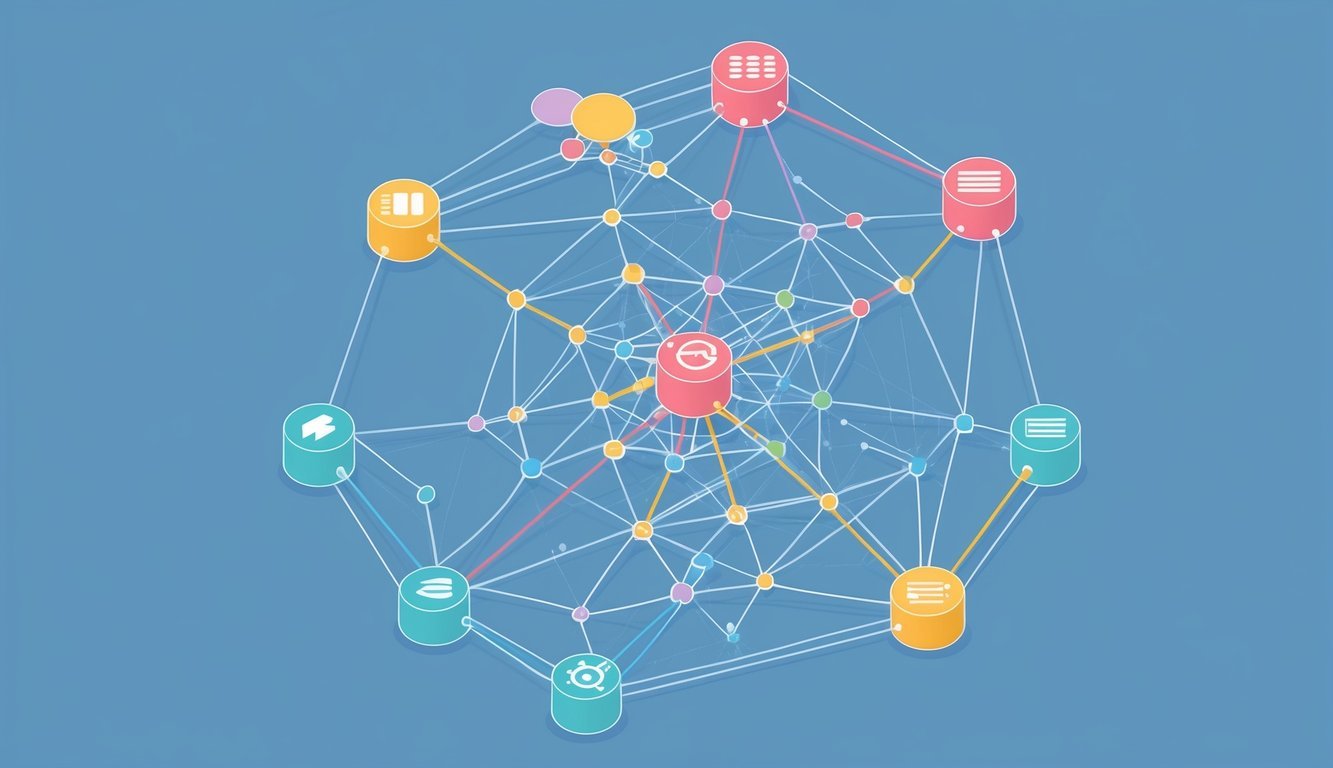 A network of interconnected nodes forming a web, with data flowing seamlessly between them, representing the decentralized nature of Injective Protocol (INJ)