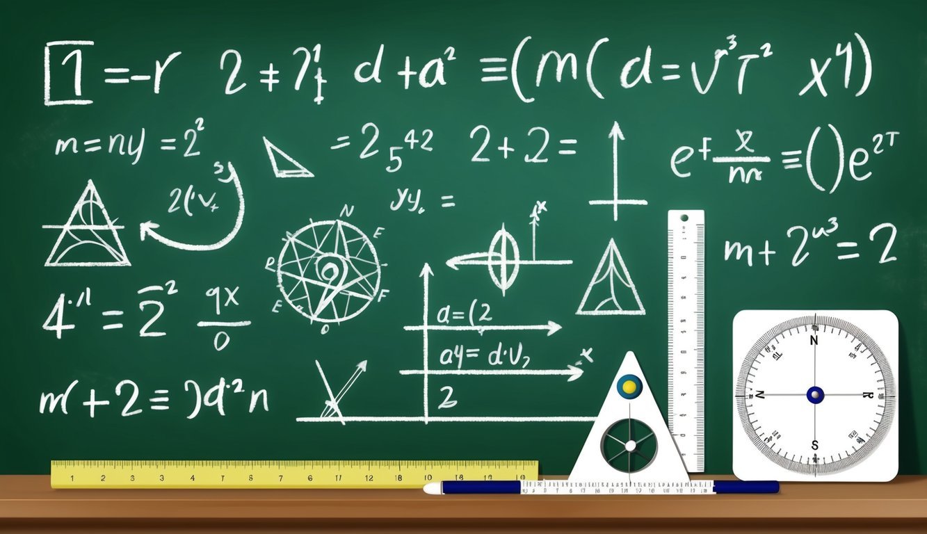 A chalkboard filled with various mathematical equations and symbols.</p><p>A ruler, protractor, and compass sit nearby