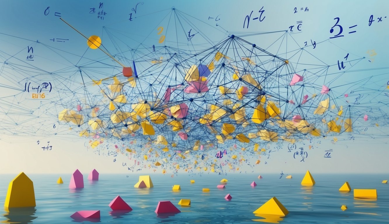 A complex web of interconnected mathematical equations and symbols, floating in a sea of abstract shapes and patterns