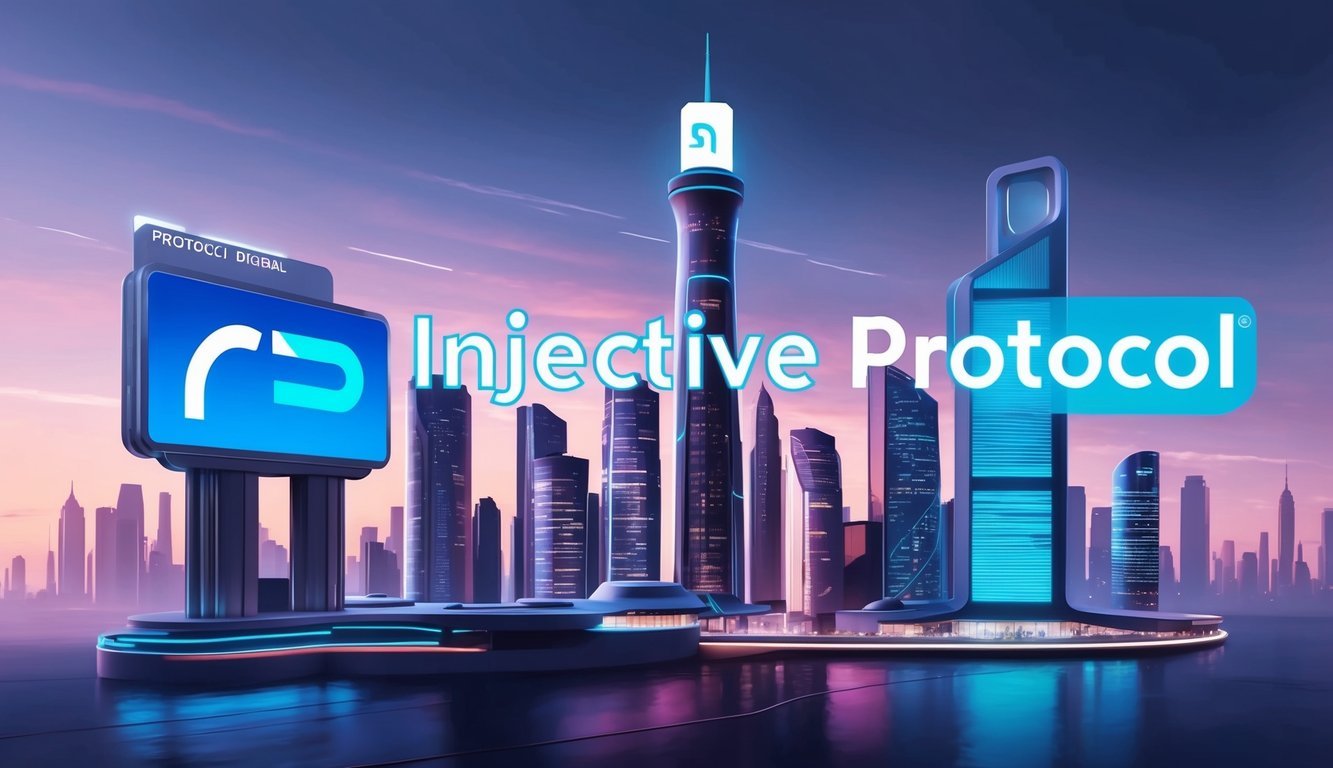 A futuristic city skyline with the Injective Protocol logo prominently displayed on a digital billboard