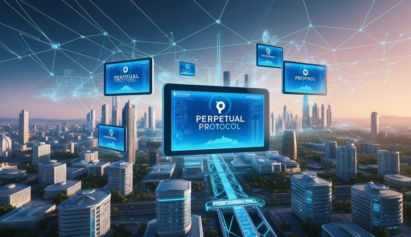 A futuristic cityscape with digital screens displaying the Perpetual Protocol logo and data charts, surrounded by a network of interconnected buildings and infrastructure