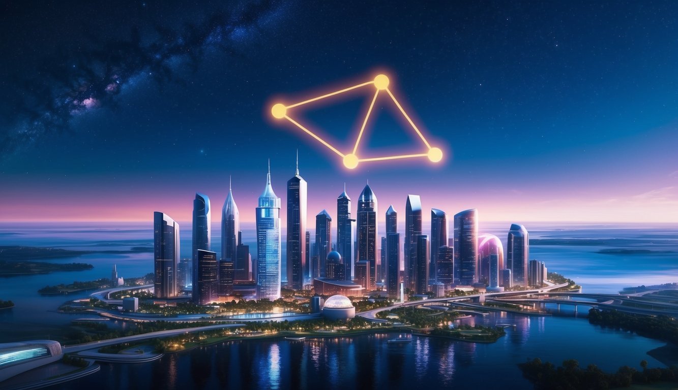 A futuristic city skyline with a prominent glowing Orion constellation in the night sky