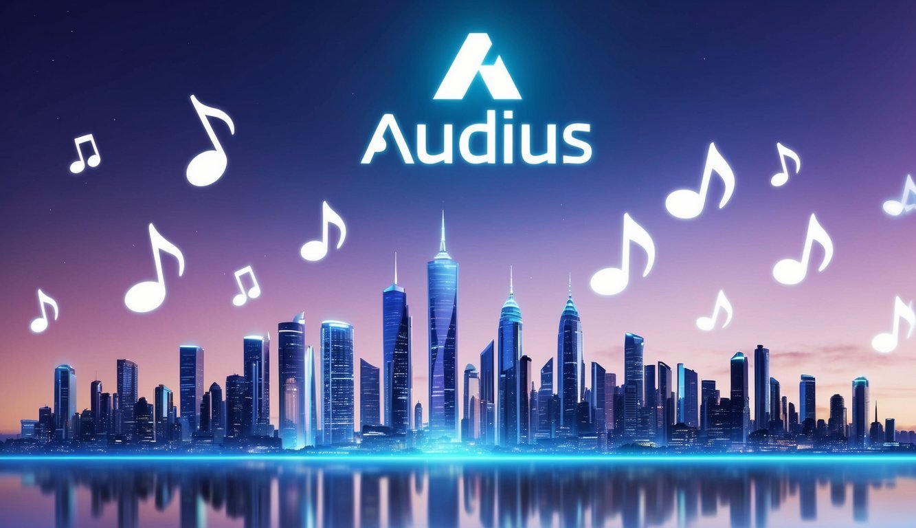 A futuristic city skyline with digital music notes floating in the air, while a glowing logo of Audius (AUDIO) hovers above the skyline