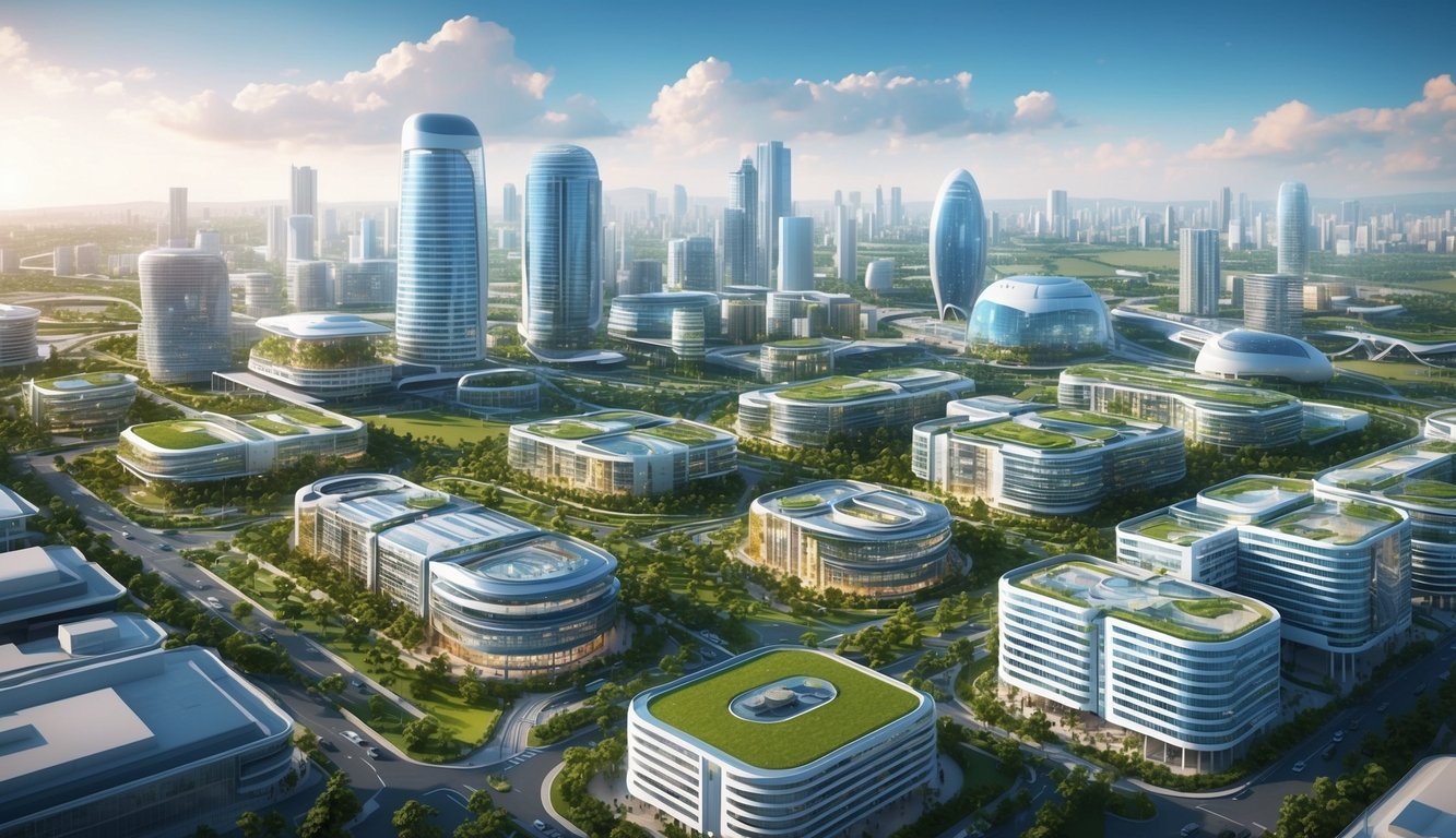 A bustling futuristic city with interconnected buildings and green spaces, showcasing the potential for community and future developments