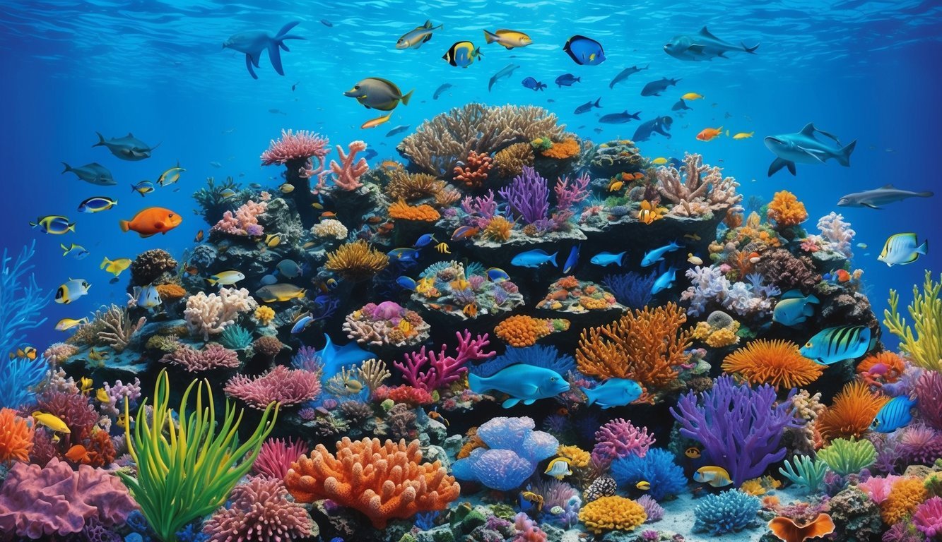 A vibrant coral reef teeming with diverse marine life, surrounded by crystal-clear waters and colorful aquatic plants