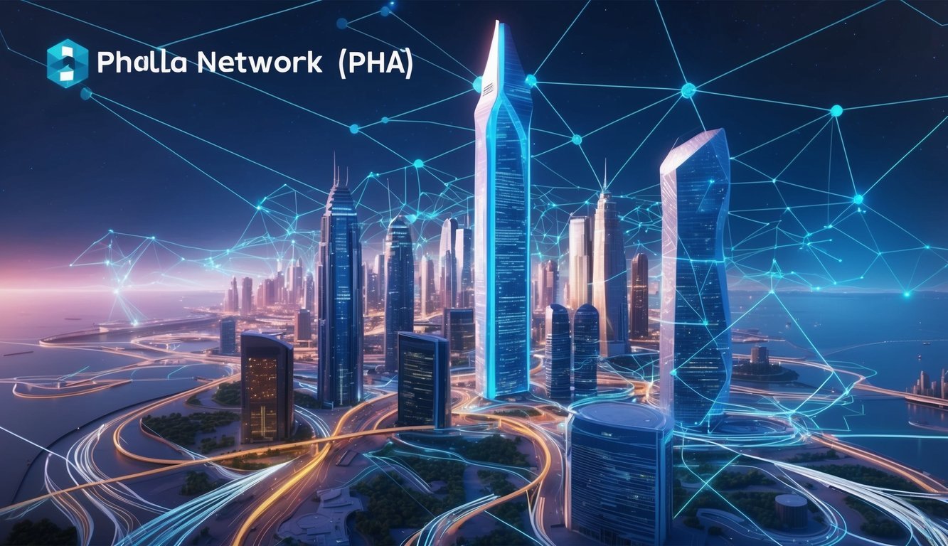 A futuristic cityscape with interconnected networks and data streams, symbolizing the decentralized nature of Phala Network (PHA)