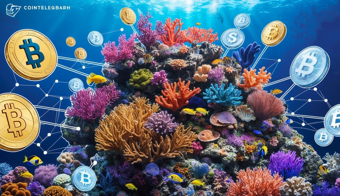 A vibrant coral reef teeming with diverse marine life, surrounded by a network of interconnected decentralized finance platforms