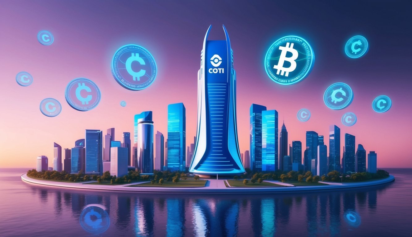 A futuristic city skyline with COTI logo on a high-tech building, surrounded by digital currency symbols floating in the air