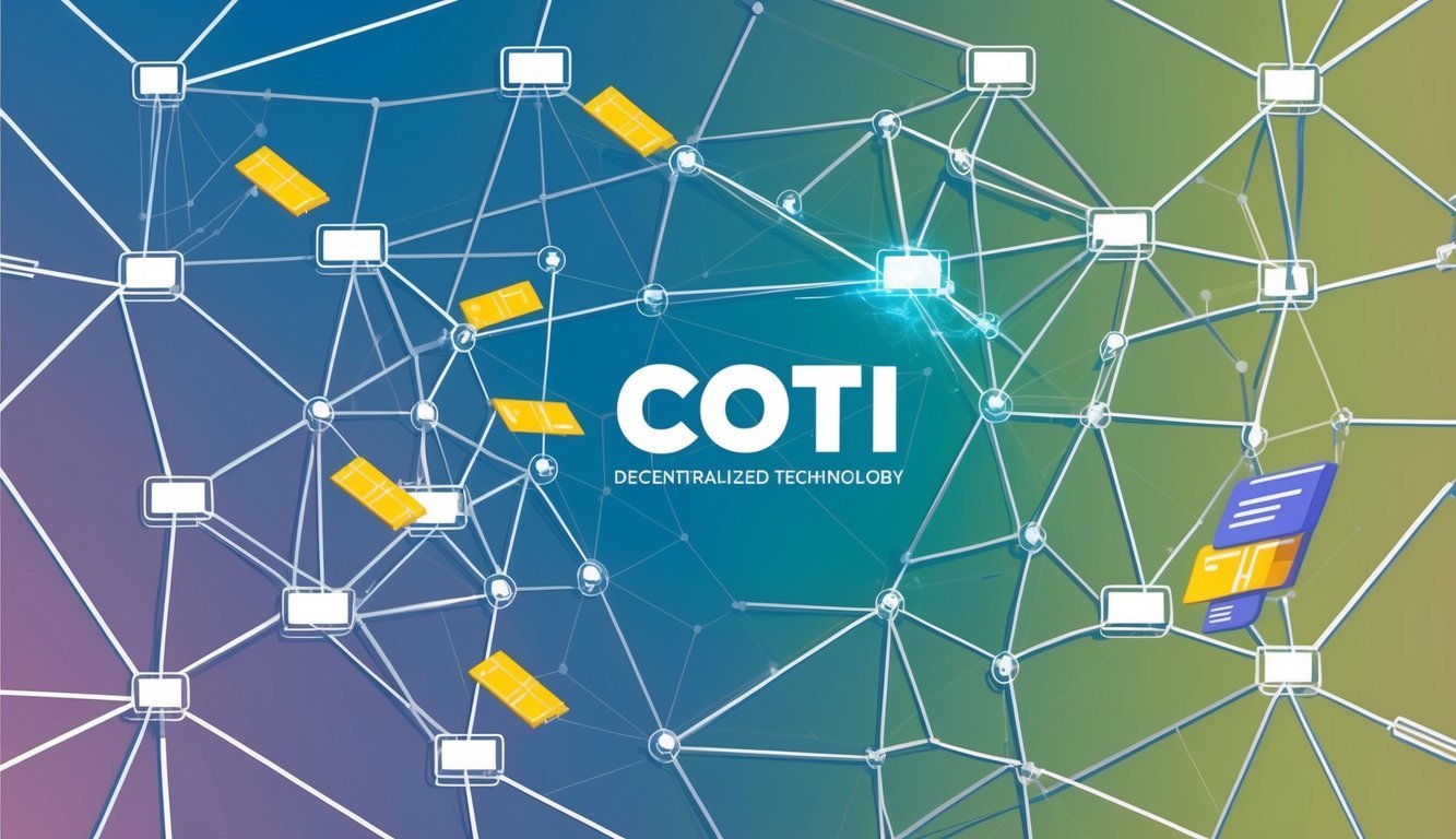 A network of interconnected nodes forming a web, with data packets flowing between them, symbolizing COTI's decentralized technology