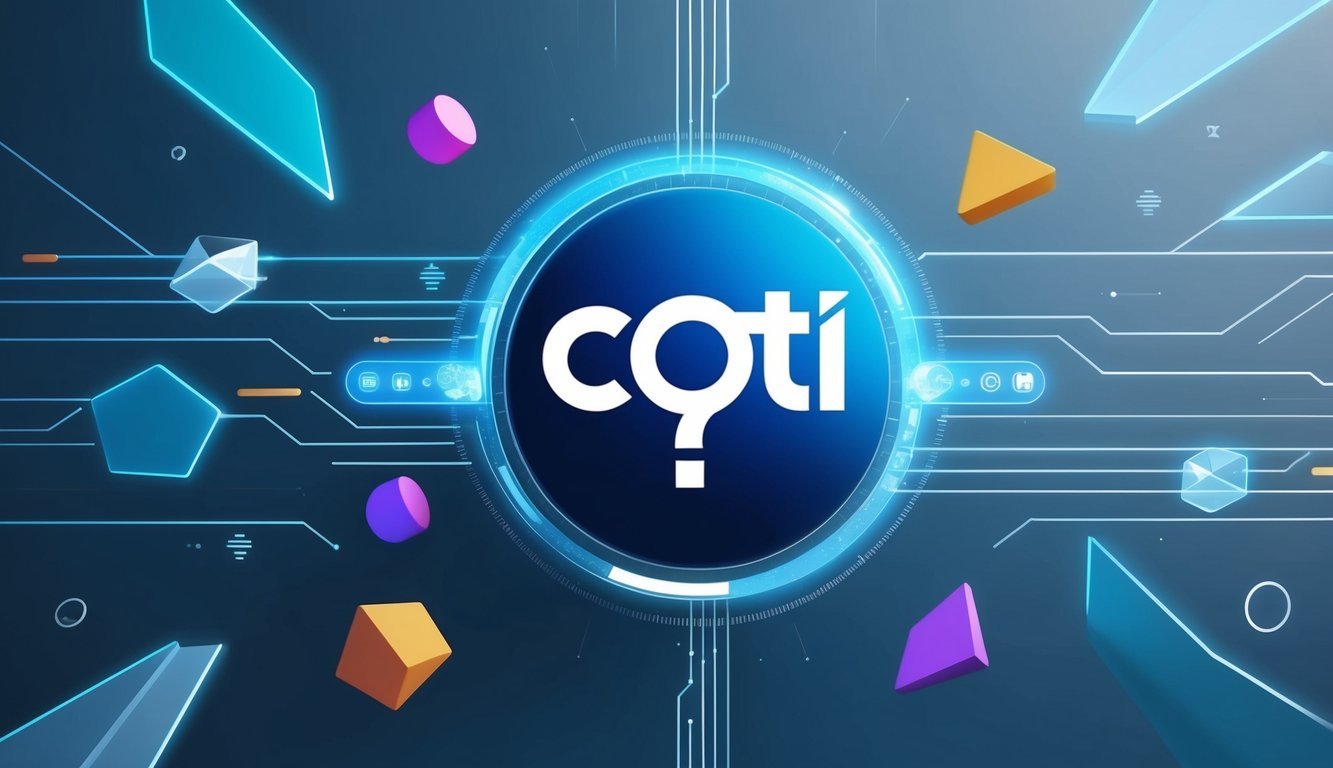 A futuristic digital interface displaying the COTI logo and a question mark, surrounded by floating geometric shapes and lines