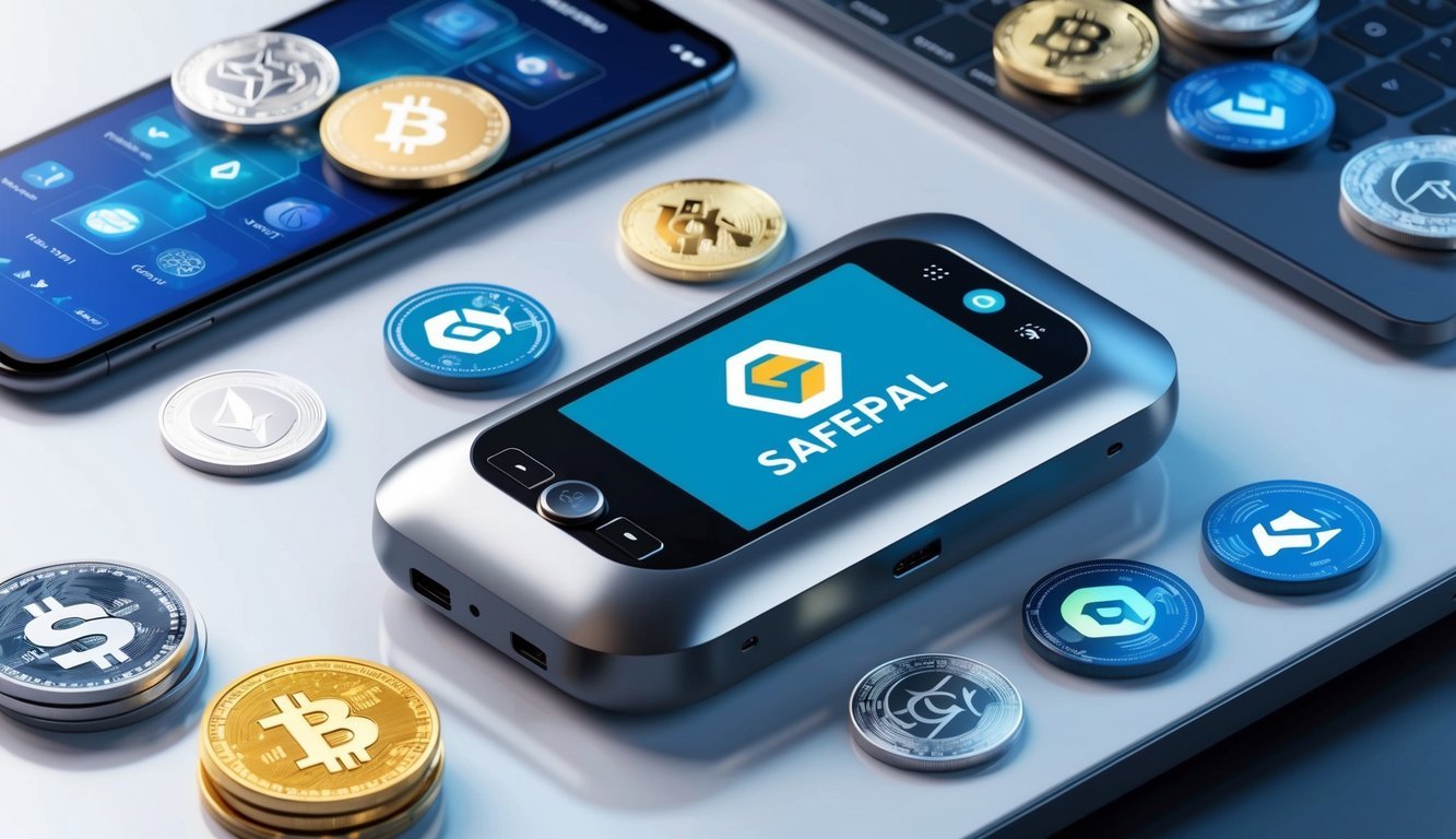 A SafePal device sits on a desk, surrounded by various digital assets such as cryptocurrencies and tokens.</p><p>The device is sleek and modern, with a digital display showing the SFP logo