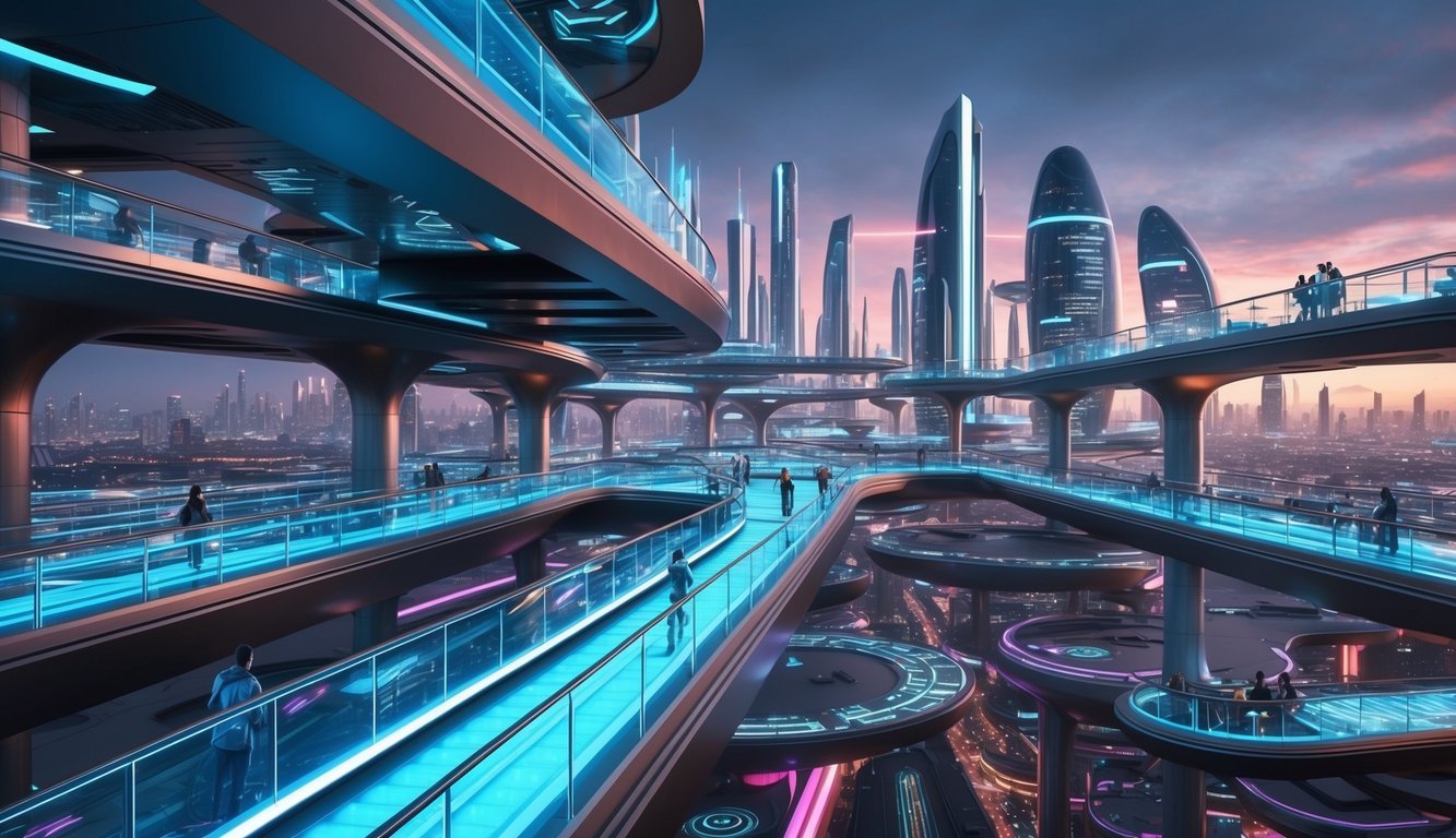 A futuristic cityscape with elevated walkways and sleek, interconnected buildings, illuminated by neon lights and bustling with activity