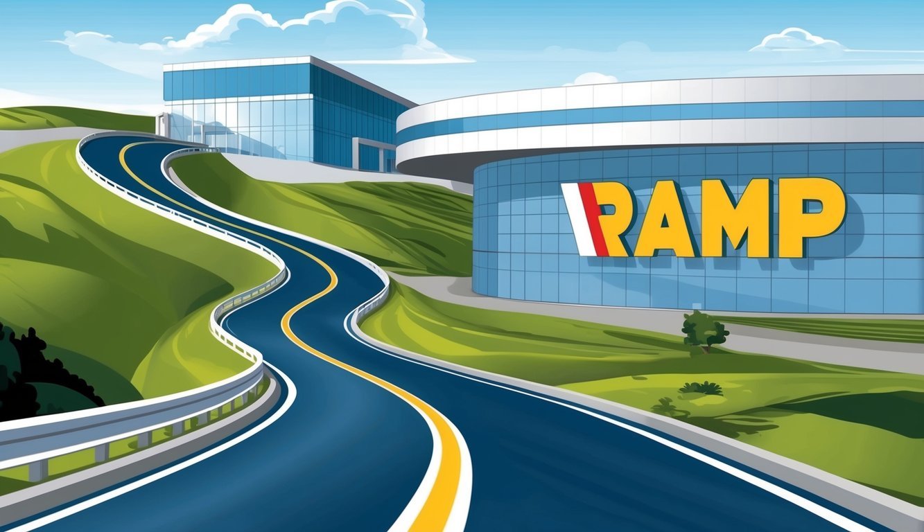 A winding road leads up to a modern building with the letters "RAMP" displayed prominently