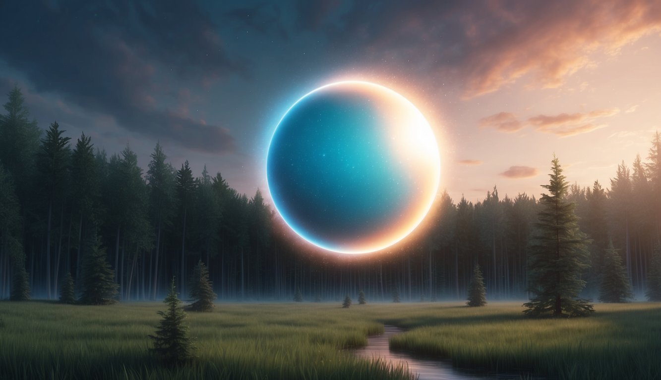 A glowing orb hovering above a tranquil forest clearing, emitting a soft, pulsating light