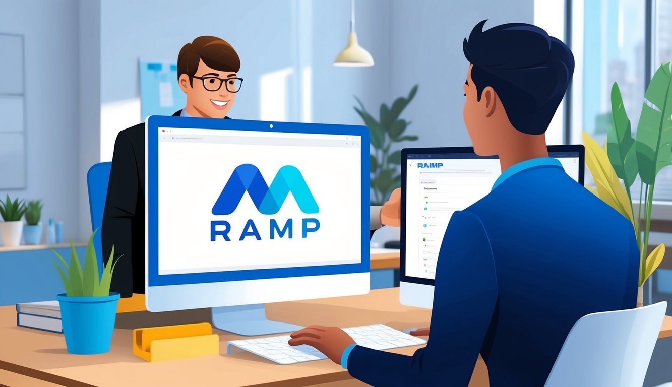 A modern office setting with a customer support representative assisting a client with a computer displaying the RAMP (RAMP) logo on the screen