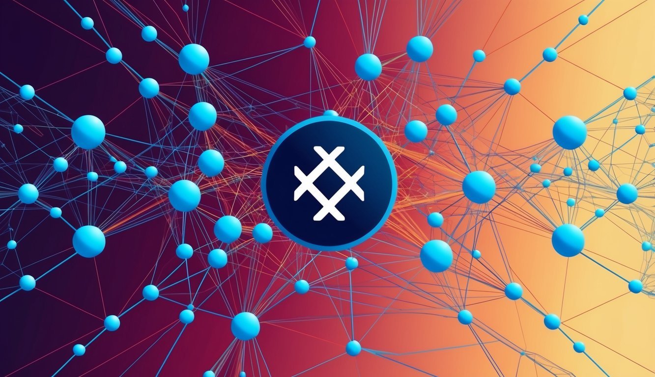 A vibrant network of interconnected nodes representing SORA's impact on the larger crypto ecosystem, with XOR symbol at the center