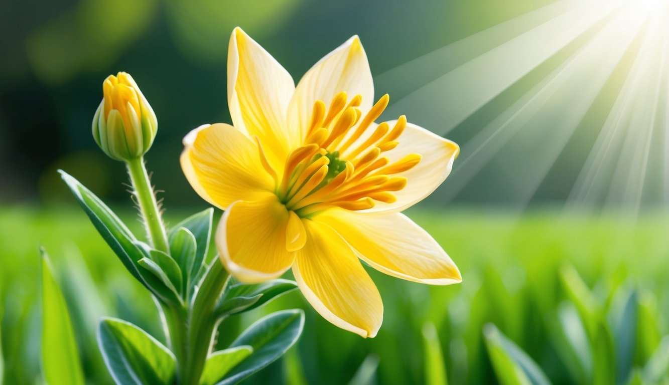 A golden saffron flower blooms, surrounded by a lush green field.</p><p>A beam of sunlight highlights the flower's delicate petals, symbolizing growth and prosperity