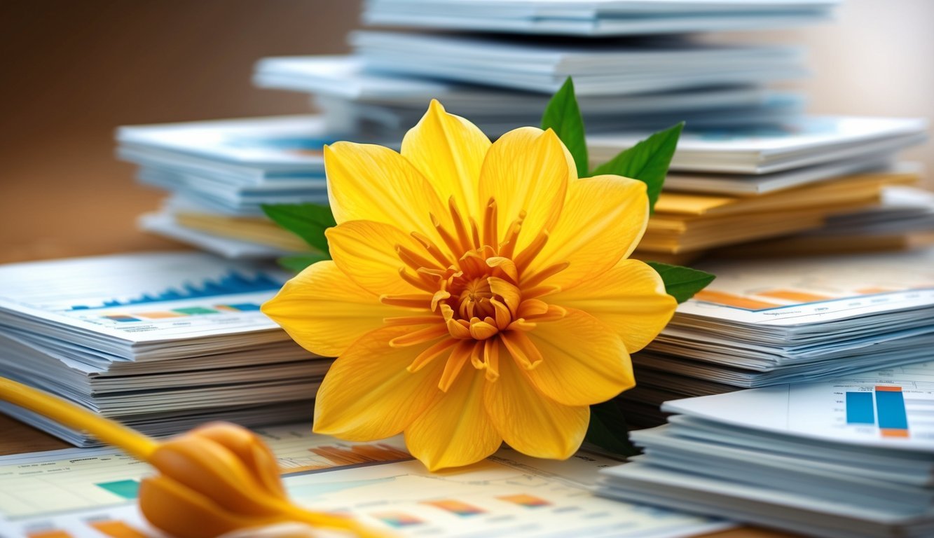 A golden saffron flower blooming amidst stacks of financial charts and graphs