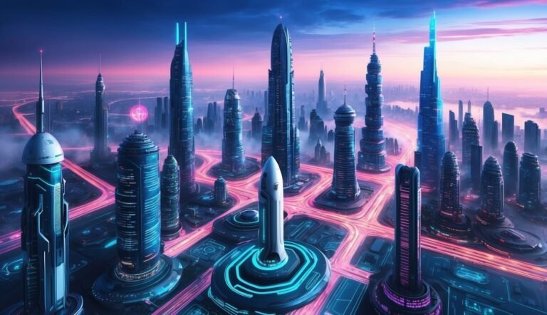 Futuristic cityscape with tall, glowing skyscrapers and neon-lit roadways