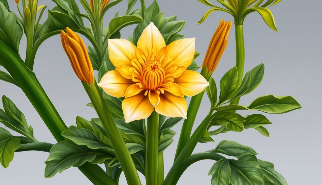 A golden saffron flower blooming from a lush green stem, surrounded by vibrant leaves and delicate petals