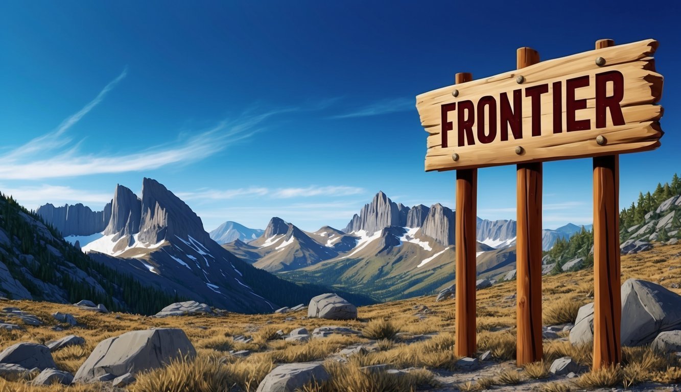 A rugged mountain landscape with a clear blue sky, featuring a prominent frontier sign and a sense of adventure and exploration