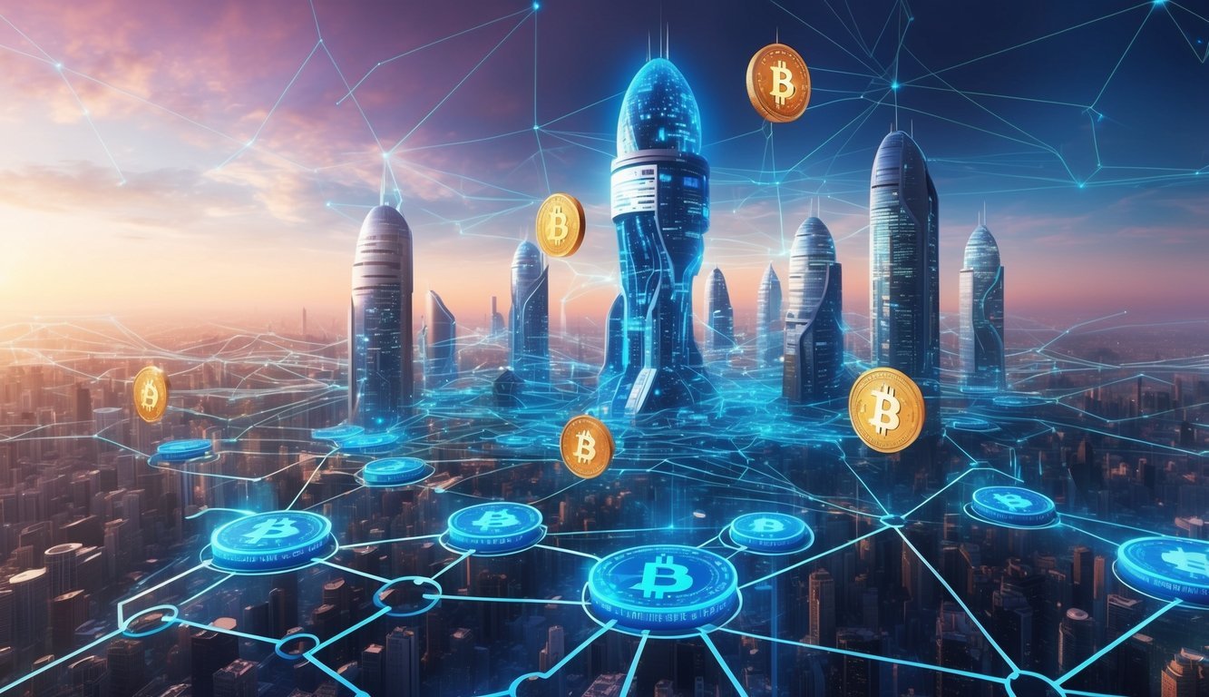 A futuristic cityscape with digital currency flowing through interconnected networks