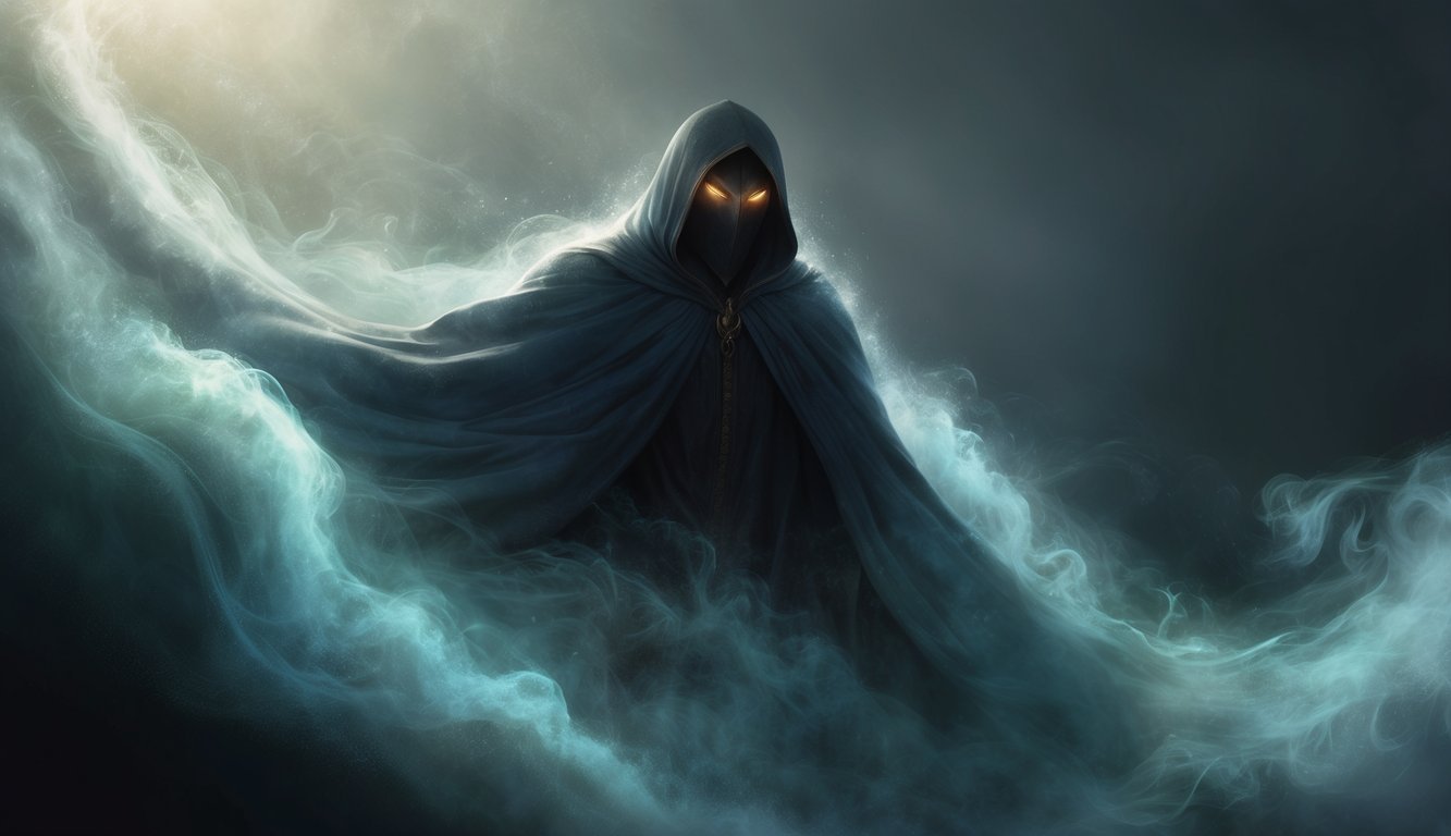 A mysterious figure emerges from the shadows, surrounded by swirling mist and illuminated by a soft, otherworldly glow