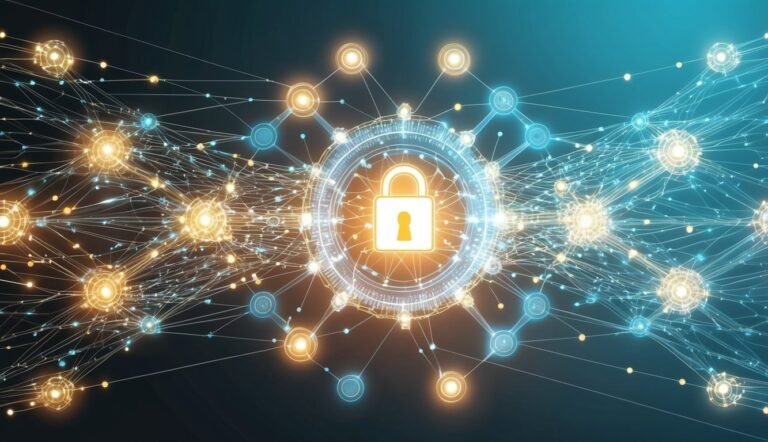 Glowing padlock surrounded by network of connected nodes, data security concept