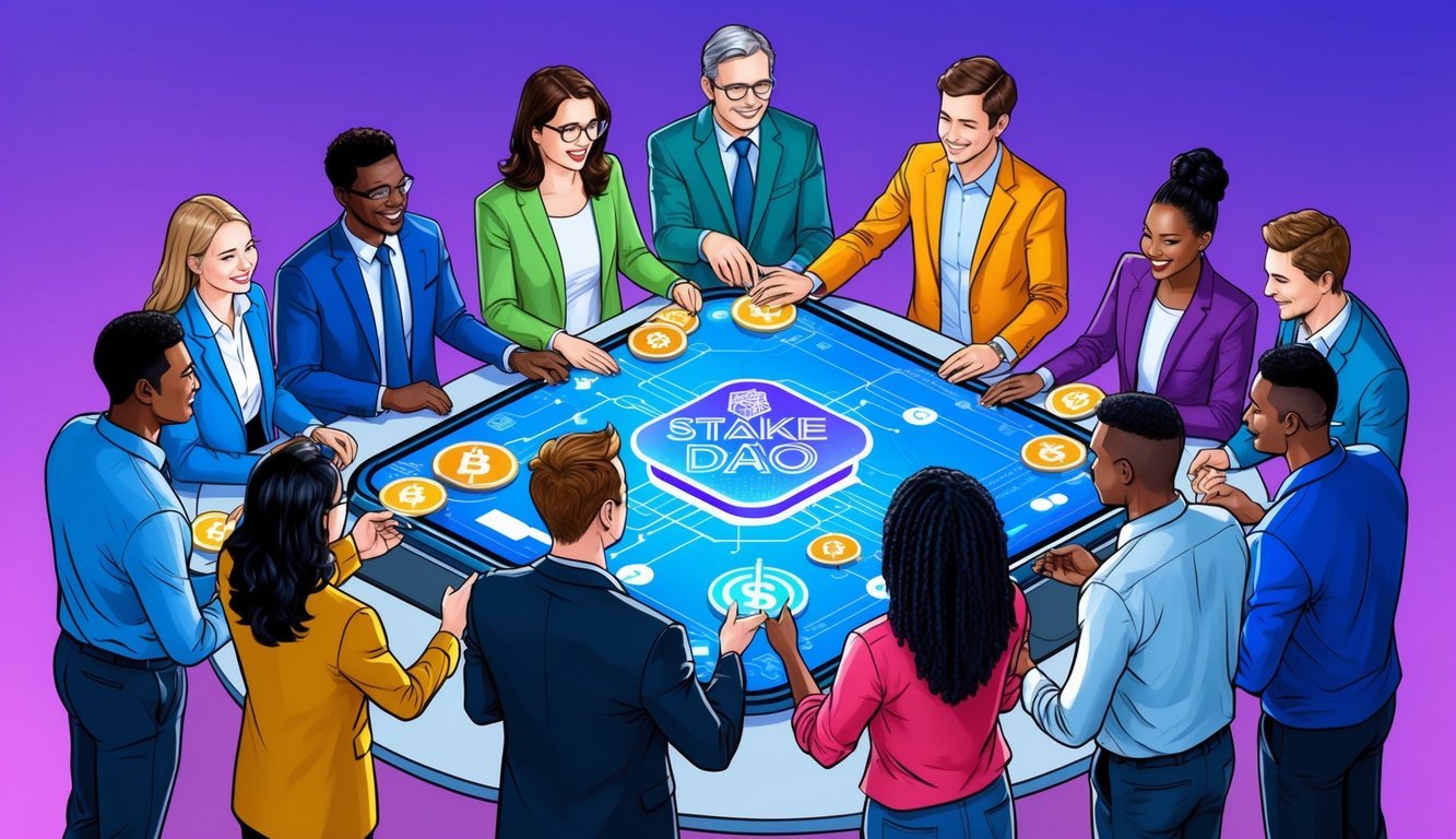 A group of diverse individuals gather around a digital interface, exchanging tokens and engaging in decentralized finance activities through Stake DAO (SDT)