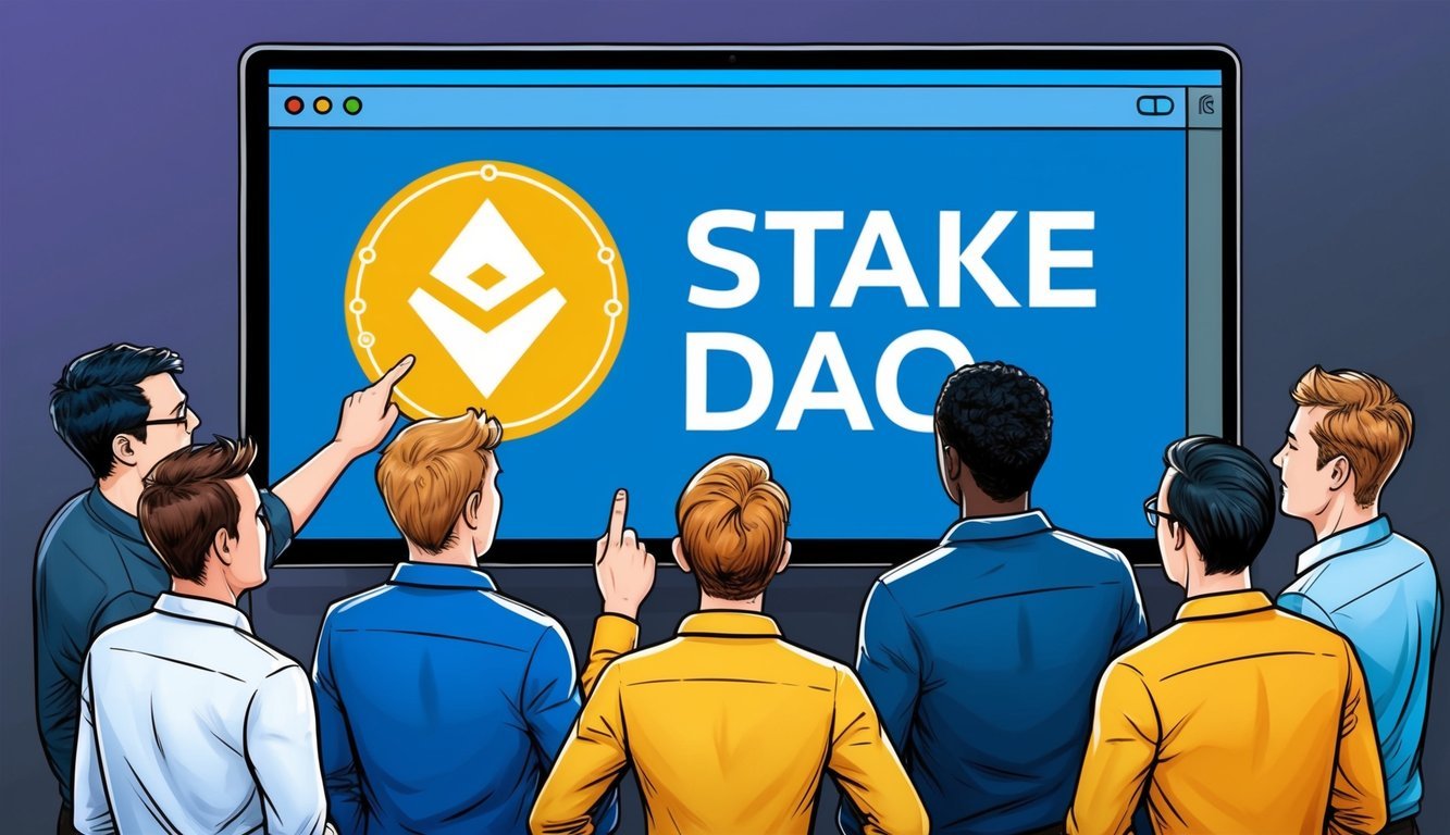 A group of people gathered around a digital display showing the logo of Stake DAO (SDT), with one person pointing at it and explaining to the others