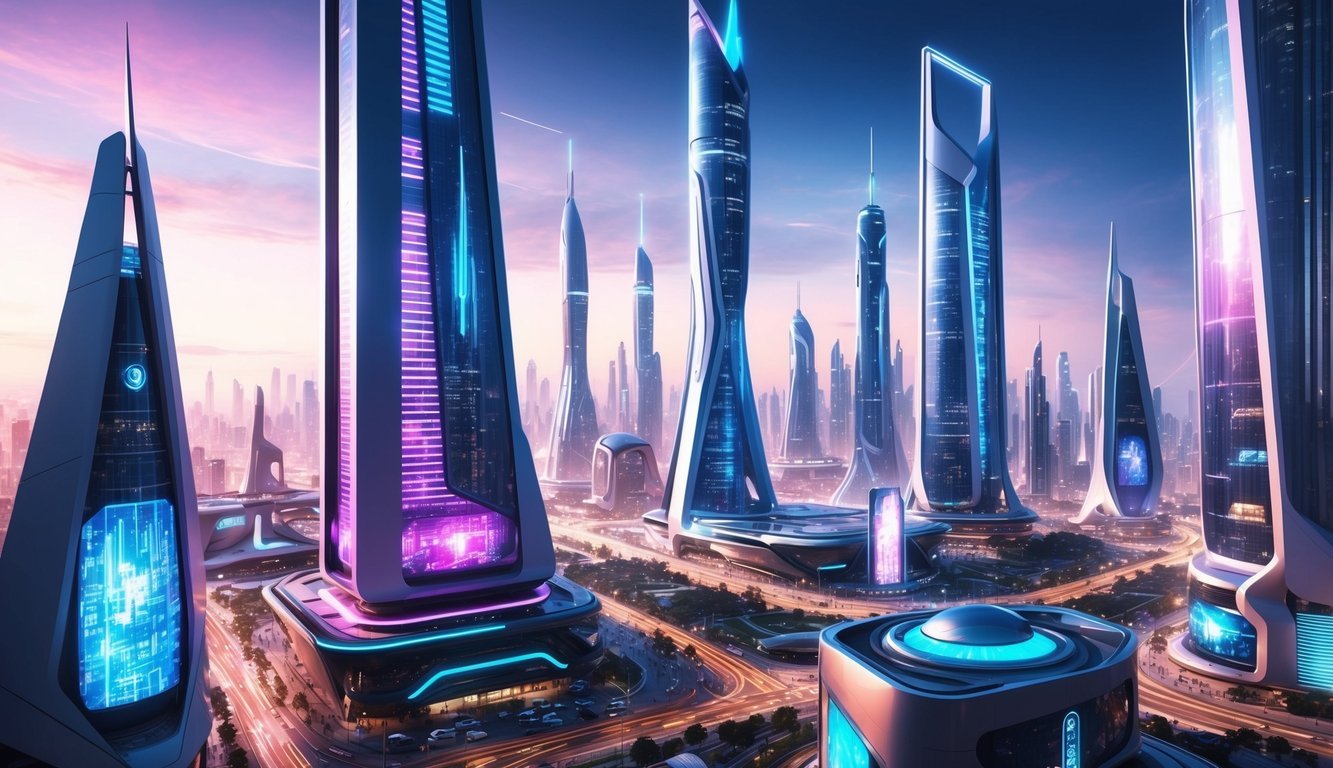 A vibrant, futuristic cityscape with towering skyscrapers and sleek, geometric architecture.</p><p>Neon lights and holographic displays illuminate the bustling streets below