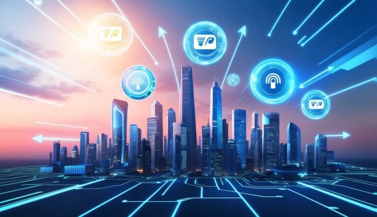 Futuristic cityscape with glowing icons, arrows, and circuit board lines